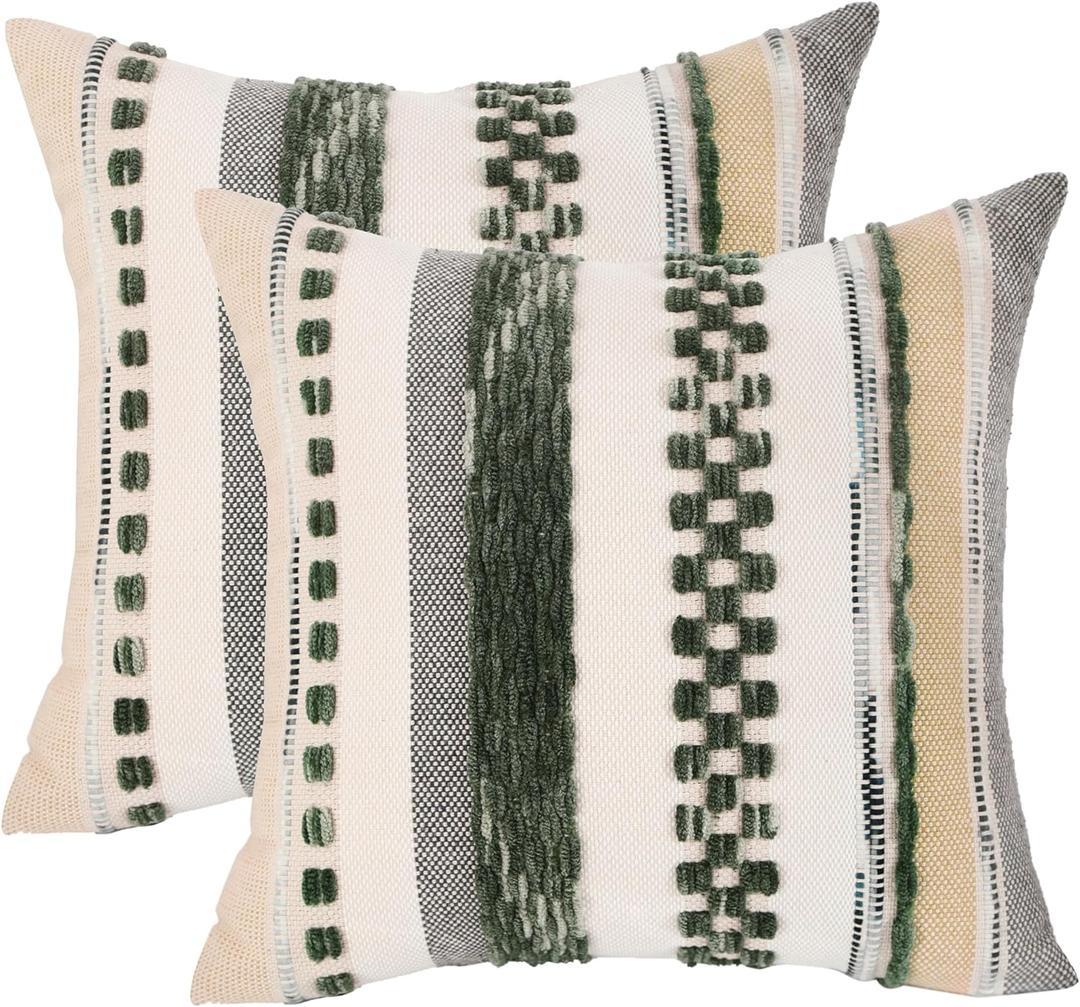 Tosleo Christmas Green 18x18 Pillow Covers Set of 2 Boho Throw Pillow Covers Striped Decorative Pillow Cases Accent Chenille Pillow Cases Farmhouse Cushion Case Accent Nuetral Textured Pillow Cover