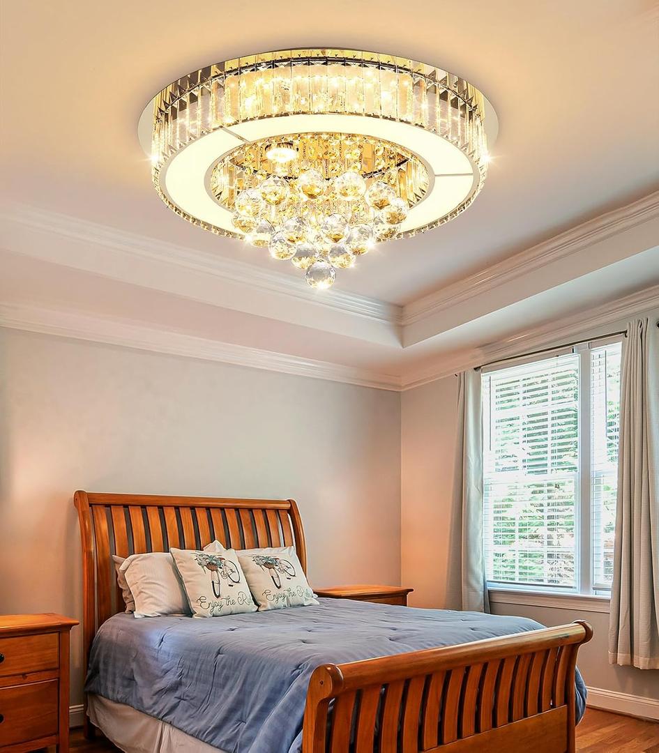 AFQEJG 19.6" Gold Modern Crystal Chandeliers for Dining Room LED Dimmable Light Fixtures Flush Mount Light Living Room Bedrooms