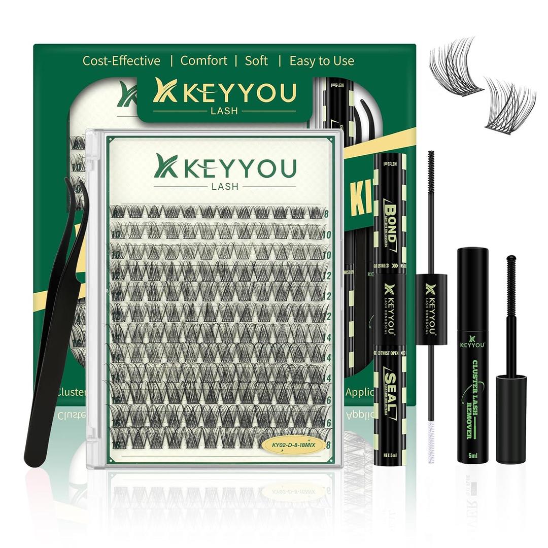 KEYYOU Lash Clusters Kit 120pcs 8-18mm Mix, DIY Eyelash Extension Kit with Bond and Seal, Eyelash Glue and Tweezers for Volume Fluffy Lashes at Home 