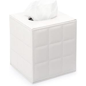 Sumnacon Square Leather Tissue Box Cover - Stylish Cube Tissue Box Holder with Magnetic Bottom, Decorative PU Tissue Box for Vanity Dresser Night Stand Table Countertop Home Office Car, Grid White