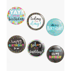 BLUE PANDA Happy Birthday Pinback Party Buttons - Birthday Pins Pack - Celebration Button Set (2.25 Inches, 6 Designs, 24-Pack)