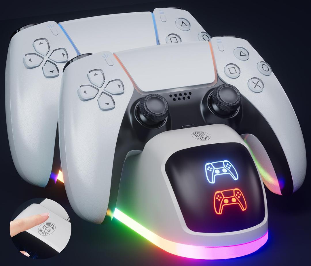 PS5 Controller Charger Station2025 Upgrade Version with 10 LED Mode & RGB Button, Safe Fast Charging and Overcharge Protection Dock for Dualsense PlayStation 5 Controllers