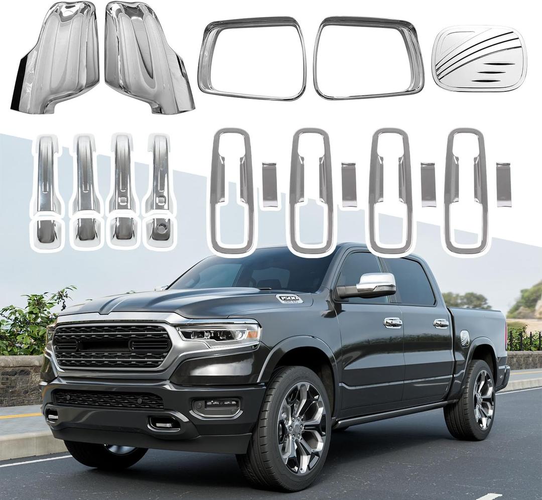21PCS Exterior Decoration Trim Kit Compatible with 2019-2025 Dodge Ram 1500 Side Mirror Cover ABS Door Handle Cover Gas Tank Cap Cover Replacement for 2019-2025 Dodge Ram 1500 Accessories