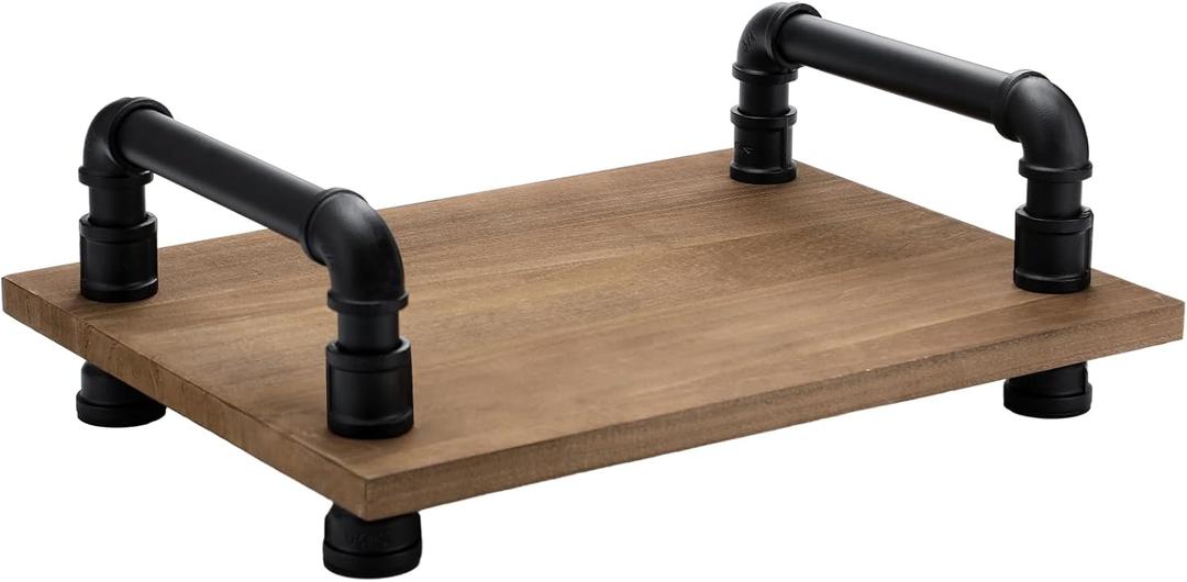 LemonRoad 17"x13" Large Industrial Wooden Serving Tray with Matte Black Metal Pipe Handles Tray Steampunk Decorative for Kitchen Coffee Table Breakfast Dinner Living Room Bar