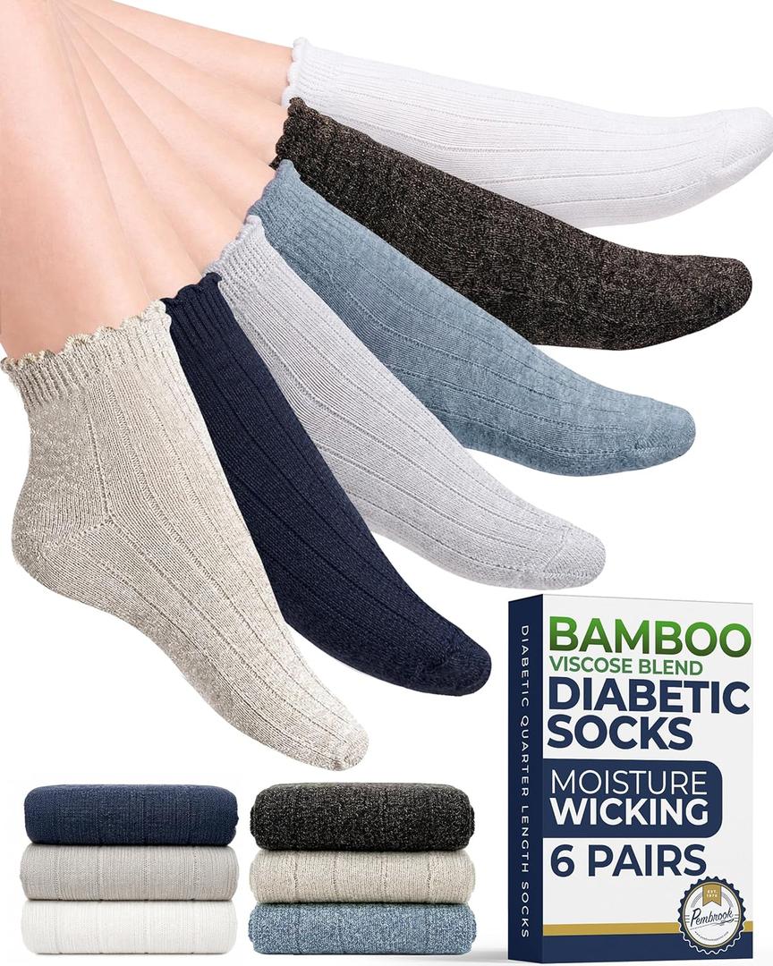 Pembrook Frill Knit Diabetic Socks for Women & Men with Bamboo Viscose - 6 Pairs Non Binding Wide Neuropathy Socks for Women