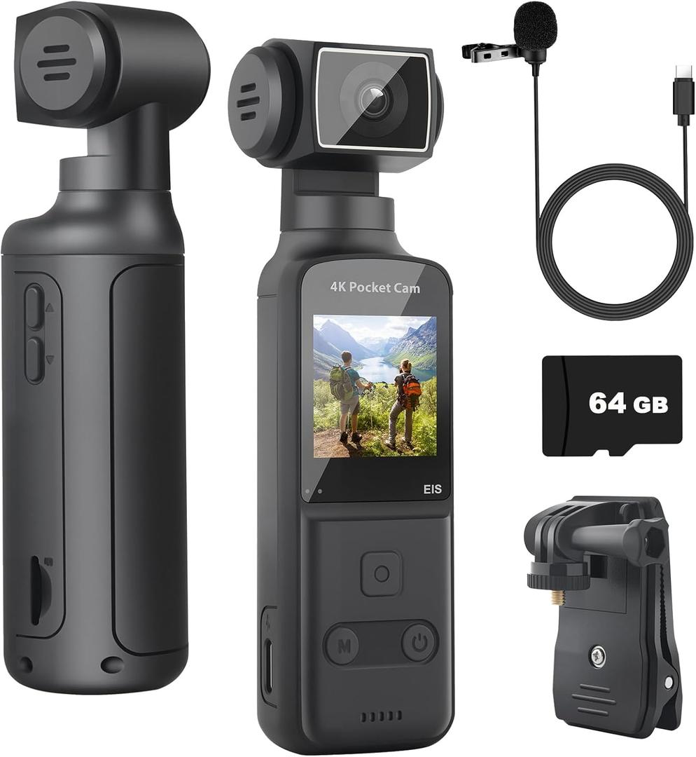 4K Body Camera with External Microphone, Mini Video & Audio Pocket Cam 270 Rotation Camera for Outdoor Sport, Bike, Travel, Police Law Enforcement, Personal Civilians, 64GB Included