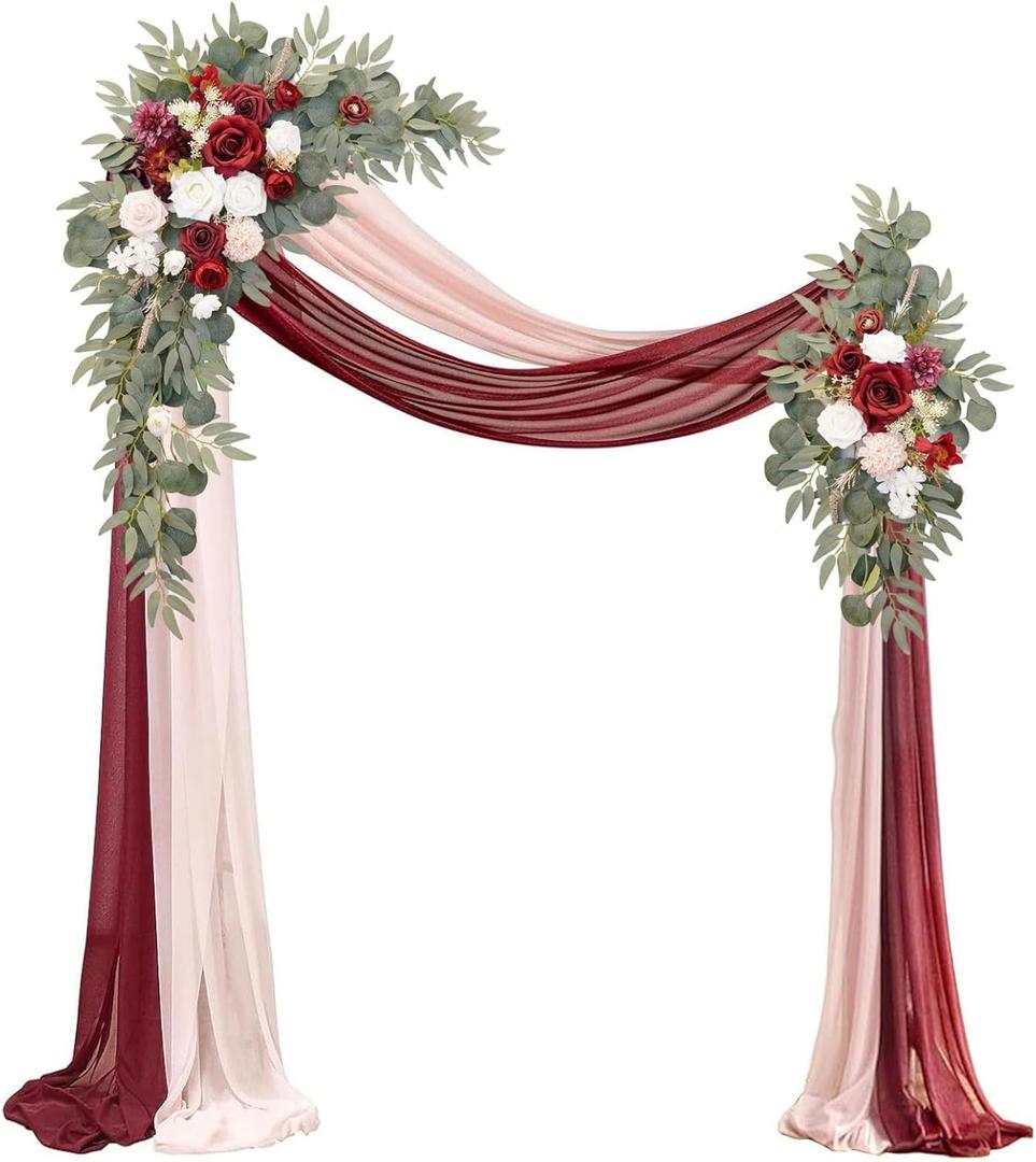 Artificial Wedding Arch Flowers Kit(Pack of 4),2Pcs Artificial Flower Arch Decor, 2Pcs Chiffon Fabric Drapes, Ceremony Decoration, Floral Outdoor Party Decor (Burgundy & Blush)
