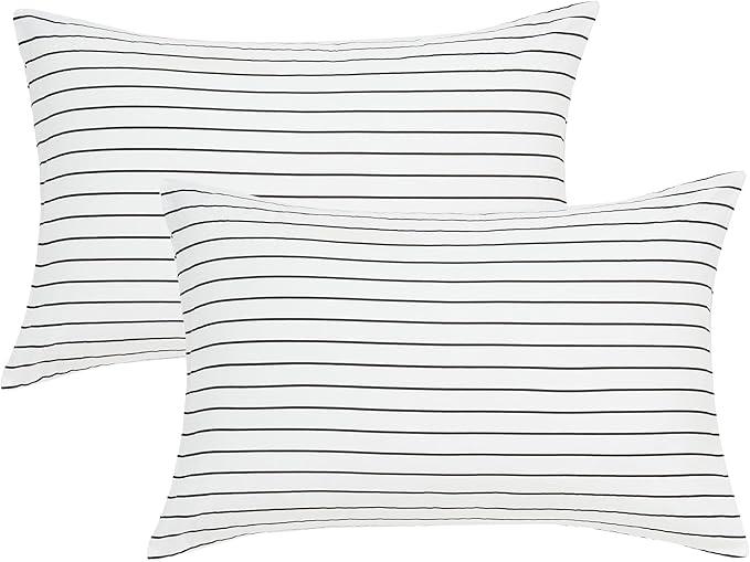 JELLYMONI 100% Natural Cotton Striped King Pillowcases Set, 2 Pack White with Thin Black Stripes Pattern Printed Pillow Covers with Envelope Closure (Pillows are not Included)