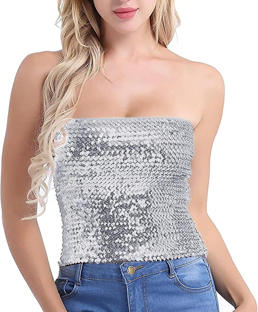 Alivila.Y Fashion Womens Sparkling Sequins Stretch Party Clubwear Tube Top (One Size, Silver)
