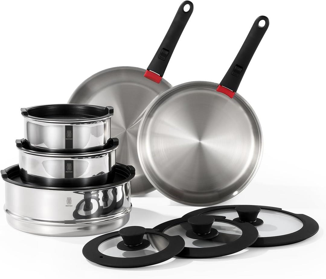 ROYDX 16pcs Pots and Pans Set, Stainless Steel Cookware Set Detachable Handle, Induction Kitchen Stackable RV Cookware Sets, (Camper, Boat, Small Kitchen), Dishwasher Safe&Oven Safe, PFOA Free, Silver