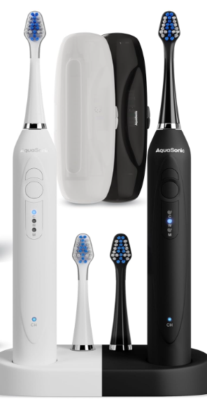 Aquasonic Duo - Dual Handle Ultra Whitening 40,000 VPM Wireless Charging Electric ToothBrushes - 3 Modes with Smart Timers - 10 Dupont Brush Heads & 2 Travel Cases Included