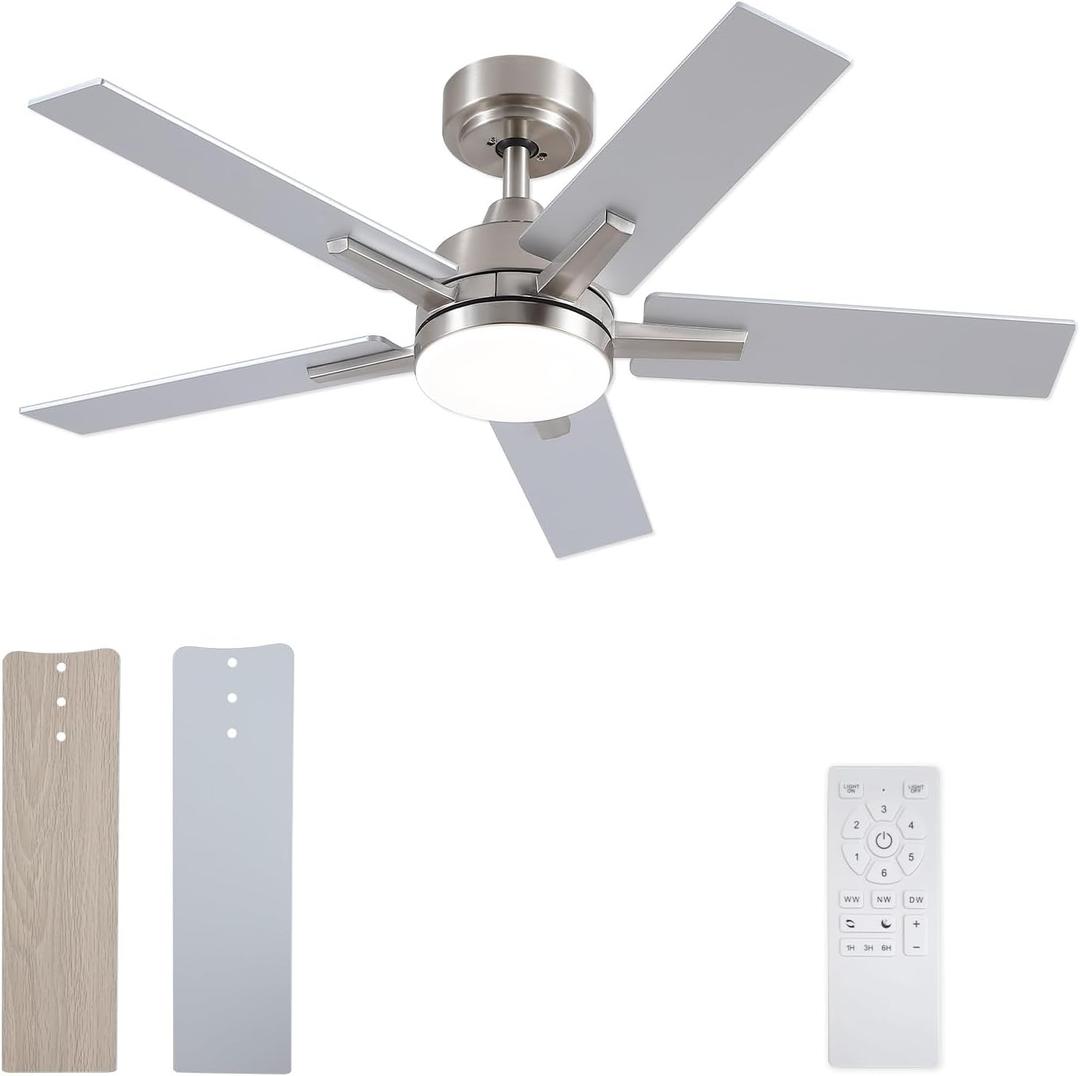 Ceiling Fans with Lights, 42 Inch Brushed Nickel Ceiling Fans with Lights and Remote Control, Reversible, 3CCT, Dimmable, Noiseless, Downrod, Small Ceiling Fan for Bedroom, Indoor/Outdoor Use