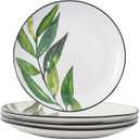 8 Inch Set of 4 Assorted Designs, Porcelain Plates With Plants Patterns, Ceramic Dinnerware Plates, Dishware With Black Rim for Sandwiches Salad Pasta, Microwave Oven Dishwasher Safe