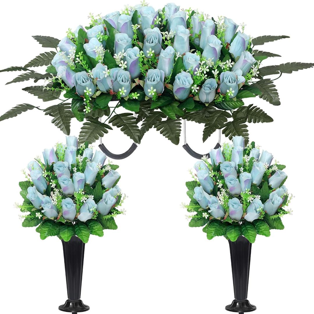 Wocst Cemetery Flowers for Grave,Headstone Flower Saddle with 2 Sets Grave Rose Flowers Bouquets with Vases for Cemetery Grave Decorations UV Resistant Non-Fading Easy Fit (Blue)