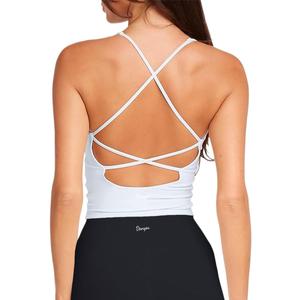 Danysu Sculpt Workout Tank Tops Women Backless Longline Sports Bras Strappy Padded Yoga Top (Small, #1.v Neck Lucent White)