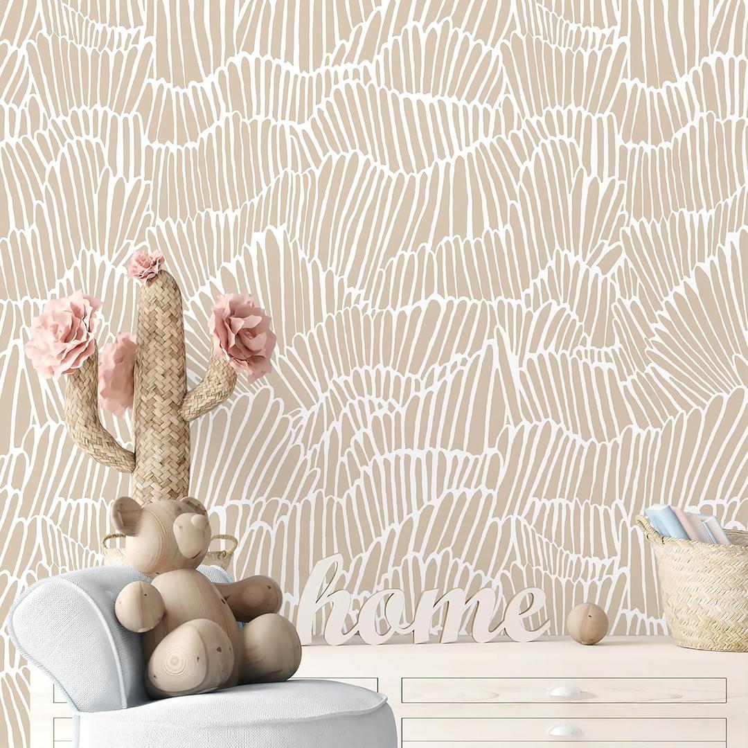 Guvana Beige Peel and Stick Wallpaper Boho Beige and White Contact Paper Modern Striped Self Adhesive Waterproof Wall Paper for Bathroom Bedroom Decor Removable Temporary Rv Wallpaper Roll 17.3"197"