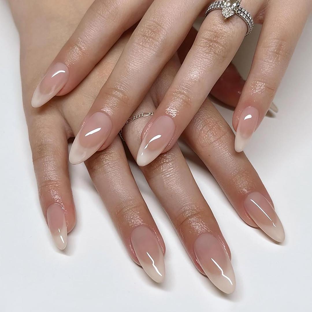 24Pcs Nude Gradient French Tip Press on Nails Medium Length Almond Shaped Artificial Acrylic Fake Nail TBRZTR Full Cover Reusable Glossy Nature French Coffin False Nail Glue on Nails for Women