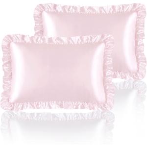 Silky Satin Ruffled Pillow Cases for Hair and Skin,Blush Pink Silk Pillowcases King Set of 2 with Envelope Closure Princess Room Decoration