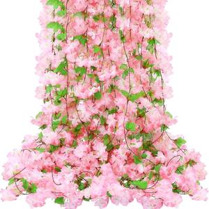 Nuenen 12 Pcs 92.5 FT Artificial Cherry Blossom Flower Vines Bulk Faux Cherry Hanging Garland Pink Flower Vines Silk Pinks Flowers Garland with Green Leaves for Party Decor(Pink)