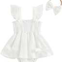 Thorn Tree Baby Girl Summer Clothes Newborn Outfit Ruffle Romper Infant Baby Dress Bow Headband Solid Cute Outfits Girls, Size 90 (White)