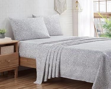 Indigo Ink King Size 4-Piece Sheet Set - Fitted & Flat Sheets & Pillowcases, Boho Pattern, Soft, Breathable, Durable & Wrinkle Resistant, Deep Pocket Sheets, Tufted Medallion Collection Grey