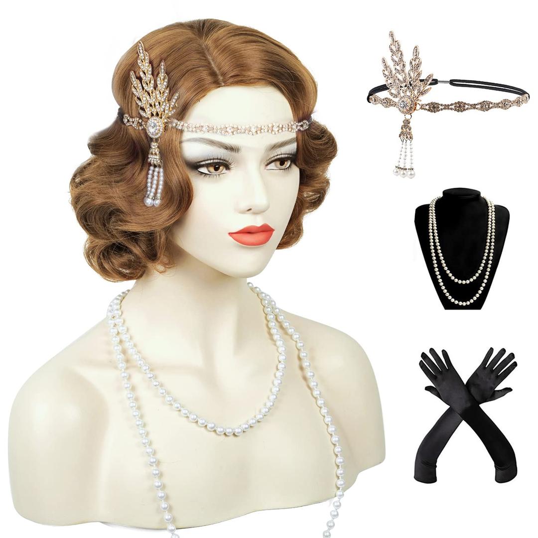 1920s Brown Flapper Vintage Wig for Women Finger Wave Wig Lady Short Curly Wig Halloween Party Cosplay Costume Synthetic Hair Wig + Accessories