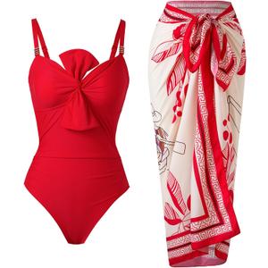 YUNIDMEIM Women's One Piece Swimsuit with Cover Up Set Retro Bathing Suit (Red, L)