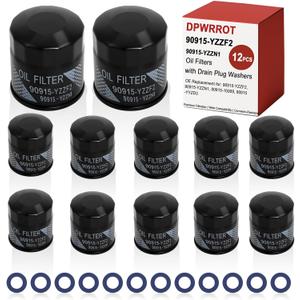 12 Packs 90915-YZZF2 Oil Filter, Engine Oil Filter with Drain Plug Washers Compatible with Toyota RAV4 Camry Corolla Prius Avalon Highlander Scion, Replace 90915-YZZN1 90915-10009 90915-YYZD3