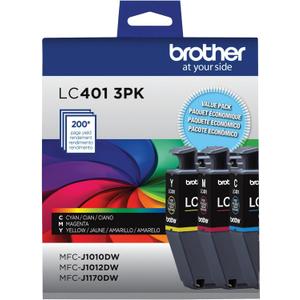 Brother Genuine LC401 Standard Yield 3-Pack Ink Cartridges Includes 1 Cartridge Each of Cyan, Magenta and Yellow , 3 Count (Pack of 1)