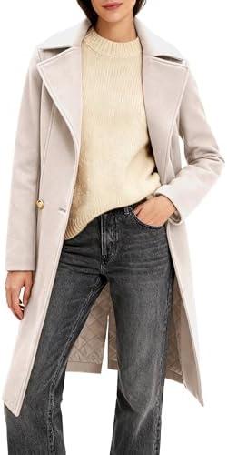 OTU Vibe Women's Long Notch Lapel Coat, Double-Breasted Peacoat, Casual Classic Fall Winter Overcoat XS
