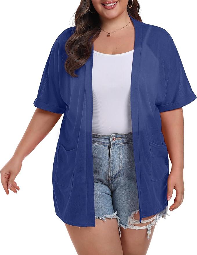OLRIK Plus Size Lightweight Cardigan for Women Summer Sheer Short Sleeve Cardigan with Pockets Beach Cover Up (3X, Navy Blue)