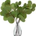 Artificial Eucalyptus Stems in Glass Vase with Realistic Faux Water - 5-Pack Real Touch Faux Greenery Stems, Dual-Sided Lifelike Leaves for Wedding Centerpieces, Home & Office Decor (Gray Glass)