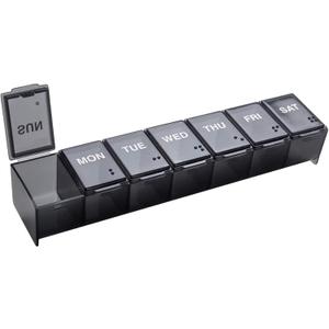 EZY DOSE Weekly (7-Day) Daily Pill Case, Medicine Planner, Vitamin Organizer, Supplement Container, Convenient and Easy to Use, Large Compartments, Travel Friendly, Black, Made in the USA, BPA Free (Large 6"x1.3"x0.9")