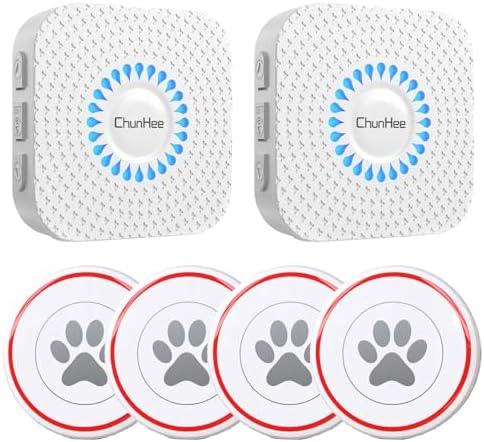 ChunHee Dog Door Bells, Smart Dog Doorbells for Dogs Potty Training to Ring to Go Outside Wireless, Dog Bells for Doggy to Go Potty Train with 55 Chimes, Adjustable 0-110db, 4 Dog Buttons (2 White Receiver+4 White Button)