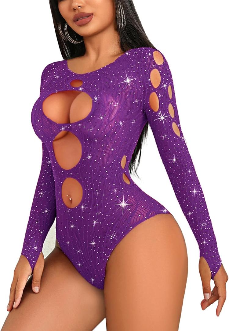 Avidlove Women's Lingerie Rhinestone Fishnet Bodysuits Sexy Body Suit Mesh Top Rave Outfits One Piece Teddy Lingerie (Purple)