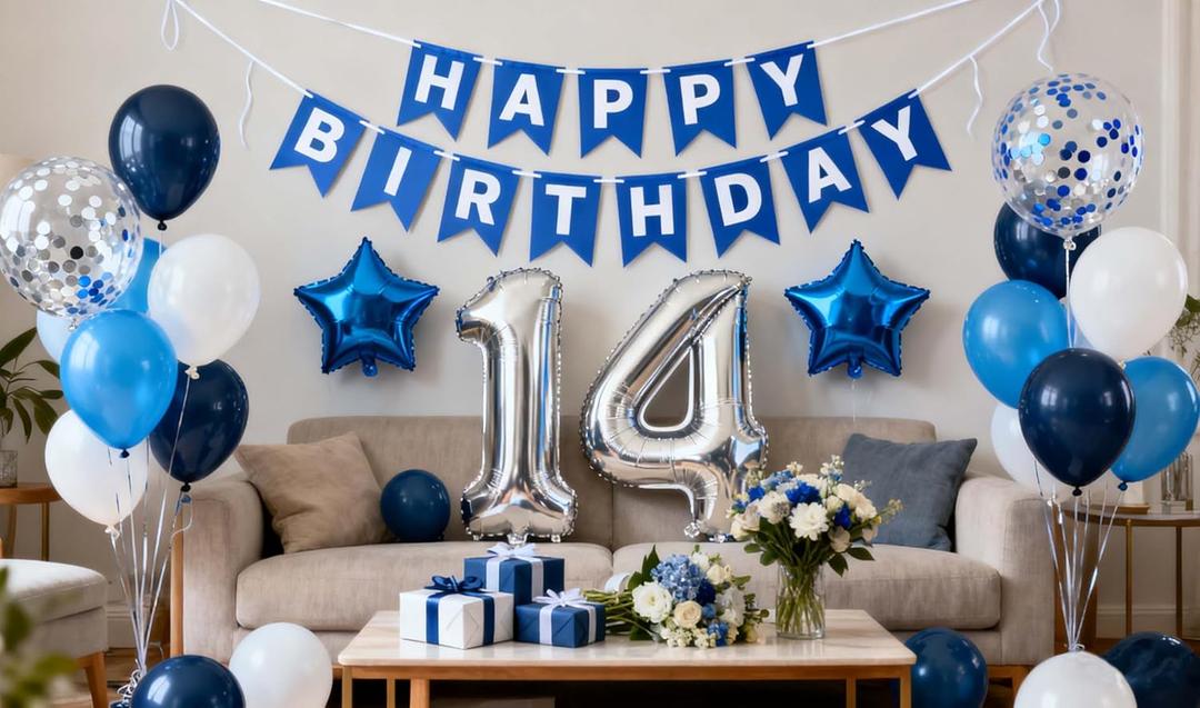 14th Birthday Party Decoration for Boys - Blue 14th Birthday Balloons, Banner, Latex Confetti, Him Son 14 Year Old Decoration Supplies