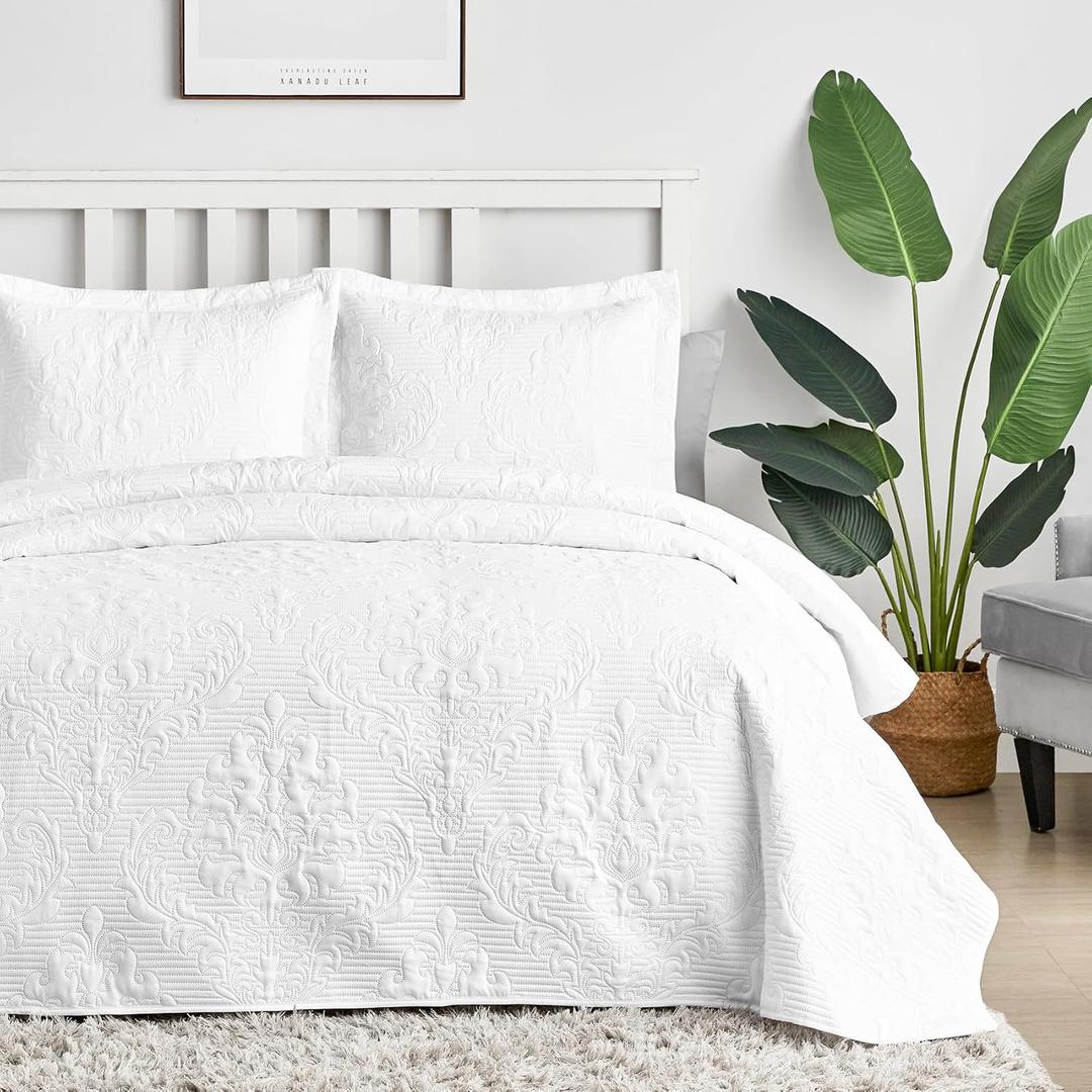 Hansleep White Quilt King Size - Damask Ultrasonic All Season Bedspread King, Soft Lightweight Coverlet Bedding Set, 3 Piece (1 Quilt, 2 Pillow Shams)
