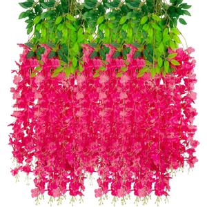 24 Pack Fuchsia Wisteria Hanging Flowers Garland, 3.77 Feet Artificial Flower Vines, Fake Wisteria, Artificial Vines Hanging Garland for Backdrop Outdoor Yard Garden Decor