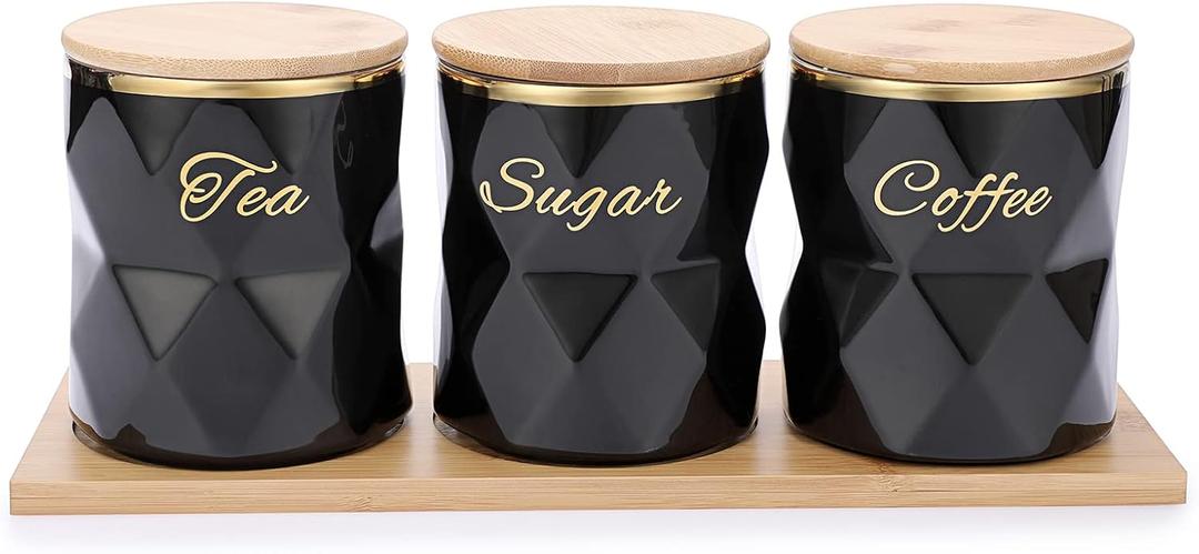 JUXYES Ceramic Canisters Set for Sugar Coffee Tea, Luxurious Storage Containers Set with Lids Decorative Storage Pots Black Storage Jar for Kitchen Counter Dining Room