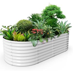A ANLEOLIFE 8x4x2ft Galvanized Raised Garden Bed Kit, Oval Metal Deep Root Planters for Outdoor Plants Vegetables Flowers Herb, Large Bottomless, 478 Gallon Capacity- Antique White
