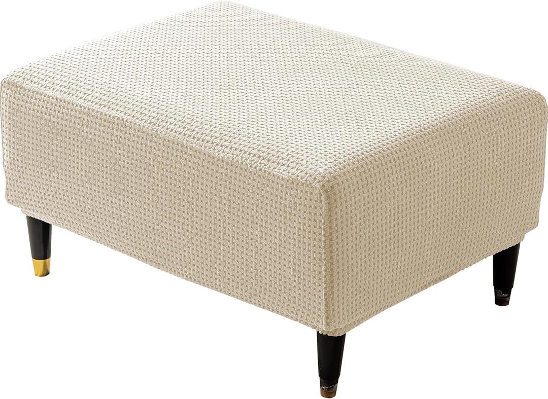Ottoman Cover Slipcover Rectangle Fit Length 25"-30" Stretch Foot Stool Slip Cover, Footrest Slipcovers Protector with Elastic Band, Ottoman Cover Removable Washable(Small,Grid Weave White)
