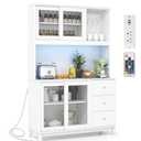 Kitchen Pantry Storage Cabinet, Buffet Hutch Cabinet with LED Lights & Power Outlet, Kitchen Sideboard w/Wine Glass Racks, Countertop, Adjustable Shelves, Drawers for Dining Room (White
