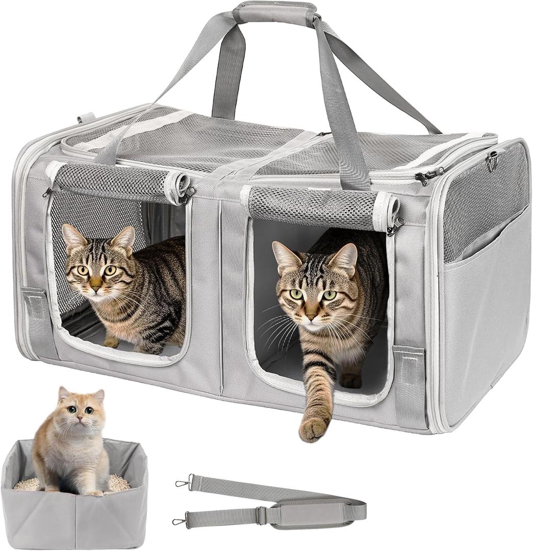Cat Carrier for 2 Cats with Litter Box, Large Cat Travel Carrier for Car Travel, Double-Compartment Soft Pet Carrier with Breathable Mesh, up to 30lb - for Car, Vet Visits & Camping