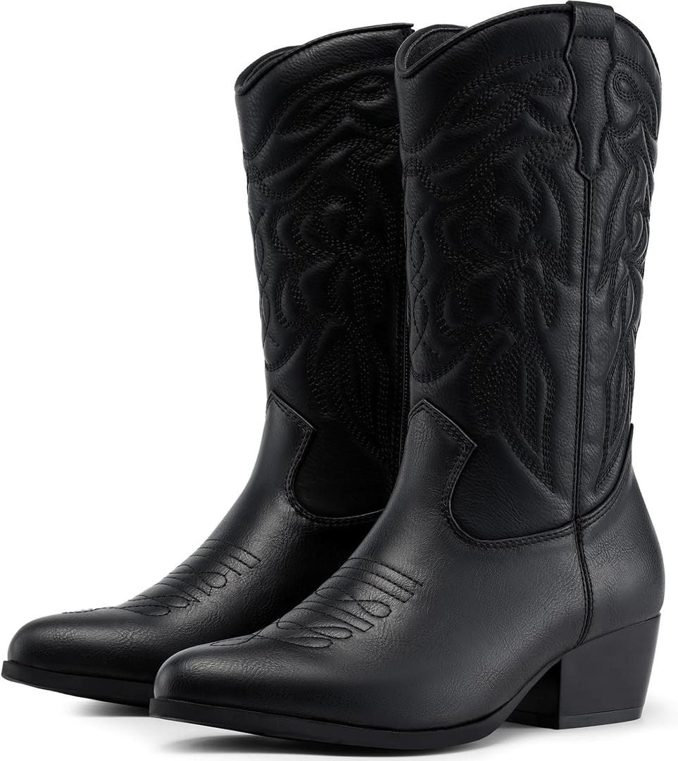 Dodow Womens Cowboy Boots Western Cowgirl Pointed Toe Zipper Mid Calf Boots Black Size 7.5