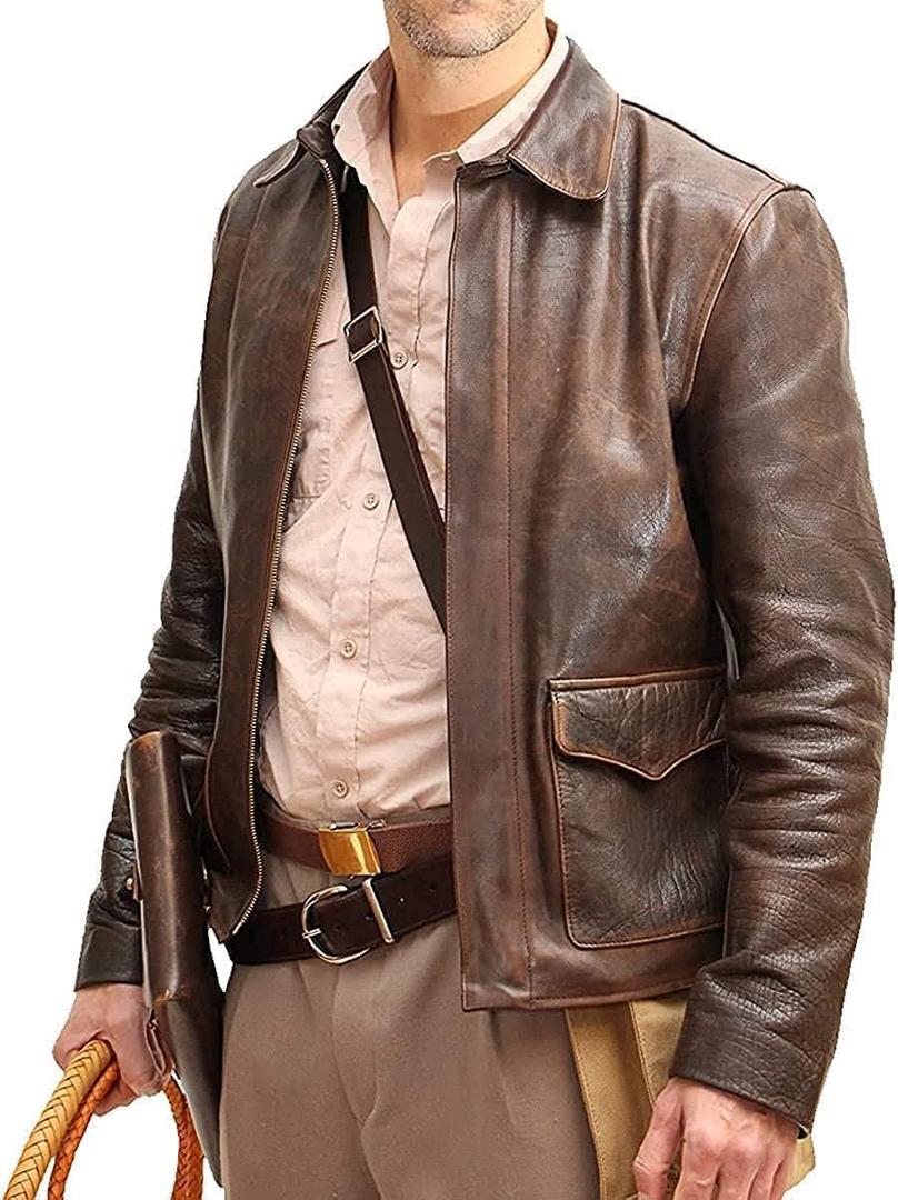 Men's Raiders of The Lost Harrison Jones Vintage Brown Bomber Leather Jacket Genuine Cowhide Distressed Leather Jacket (Large)