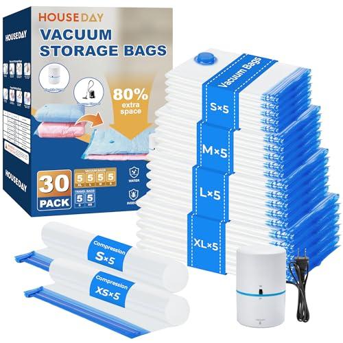 HOUSE DAY 30 Pack Vacuum Storage Bags with Electric Pump, 4 Sizes + 2 Roll-Up (5 Each), Space Saver Vacuum Seal Bags for Clothing, Bedding, Pillows, Travel – Airtight Seal, Reusable & Durable