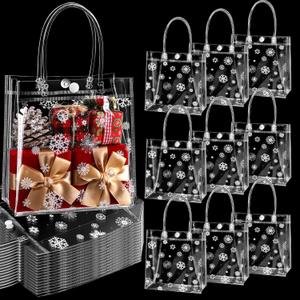Gueevin 60 Pcs Christmas Clear Gift Bags with Handles Bulk Plastic Candy Treat Snowflake Party Gift Bags PVC Wine Tote for Wedding Birthday Party Favor(7.87 x 7.87 x 3.15 Inch)