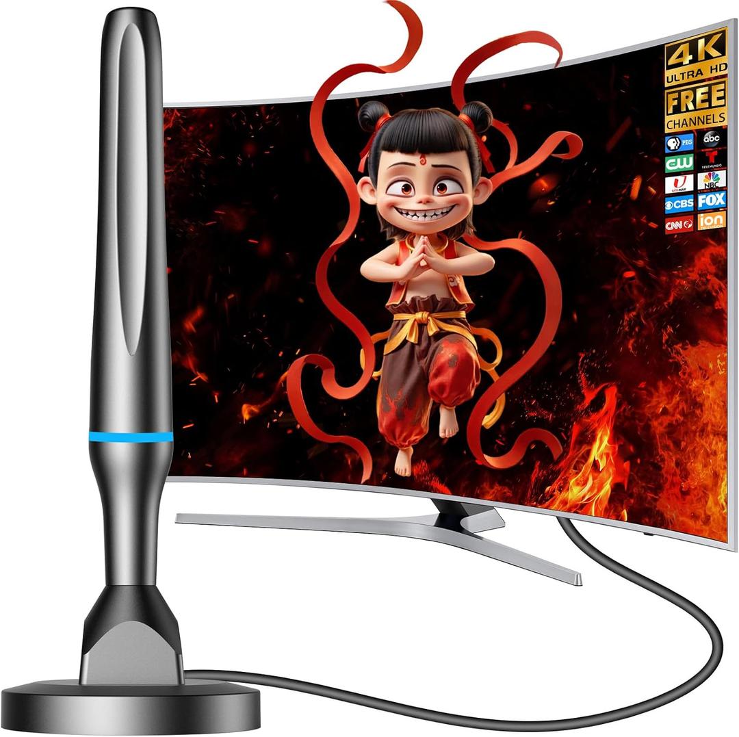 Digital TV Antenna for Smart Tv Indoor, 360 Reception Digital HDTV Antenna for Local Channels, Supports 1080P and 4K, Strong Magnetic Base -All TVBlue+Black