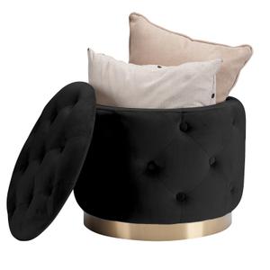 JUUON Velvet Round Storage Ottoman with Gold Metal Base, Button Tufted Modern Upholstered Footrest Stool & Coffee Table Seat for Living Room or Bedroom (Black)