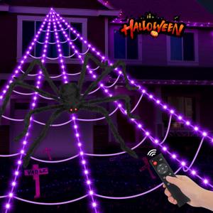 Halloween Spider Web Lights 250 LED: 19.68Ft Outdoor Web Halloween Decorations with Purple Lights - Halloweens Decor Light with 8 Modes Waterproof & Timer for Outdoor Indoor Yard Haunted House